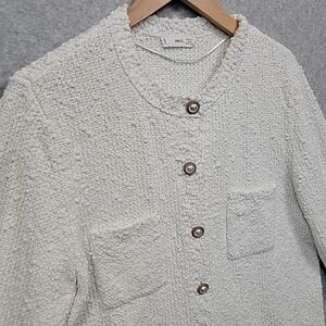 MANGO Womens XL Boucle Texture Knit Jewel Button Cardigan Lady Sweater White